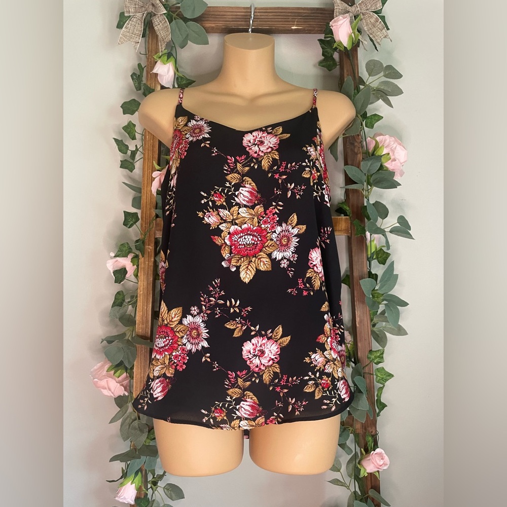 Pink Republic Black Camisole with Pink and Red
Floral Print Lightweight EUC